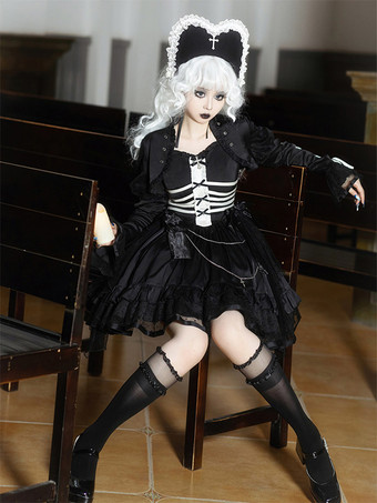 ゴスロリ ドレス フリル レースアップ ポルカドット ブラック ブラック