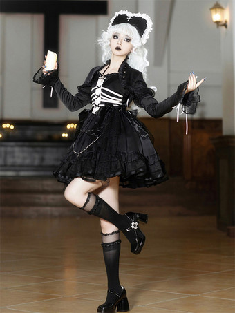 ゴスロリ ドレス フリル レースアップ ポルカドット ブラック ブラック