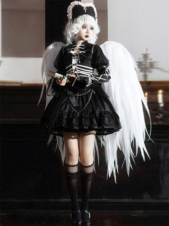 ブラック ゴスロリ ドレス フリル レースアップ ポルカドット ブラック ブラック