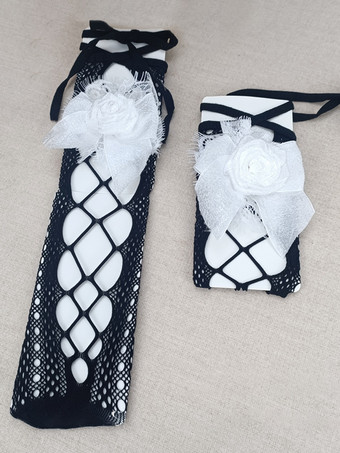 ホワイト＋ブラックゴスロリ ソックス シャンパン リボン ネット 花 アクセサリー ポリエステル ロリータ アクセサリー