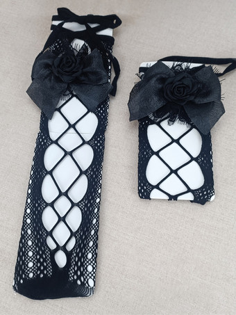 ブラック ゴスロリ ソックス シャンパン リボン ネット 花 アクセサリー ポリエステル ロリータ アクセサリー