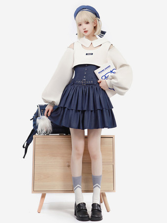 ダークネイビースイートロリータドレス ポリエステル長袖グロメットロリータドレス