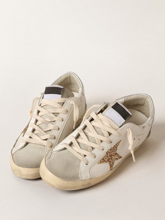 Ecru branco feminino tênis dedo do pé redondo glitter estrela metálico retalhos tênis de skate