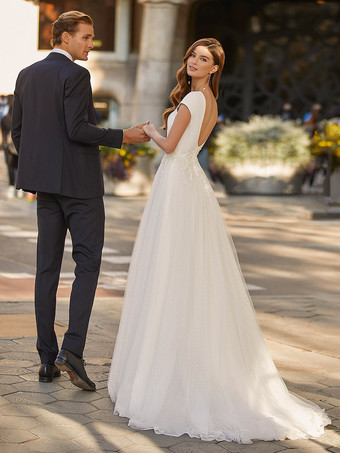 ヴィンテージウェディングドレススイープVネックノースリーブレースサテン生地ブライダルドレス