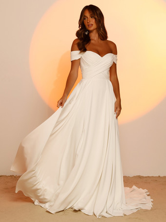 シンプルなウェディングドレス サテン生地 恋人ネック ノースリーブ Aライン ブライダルドレス