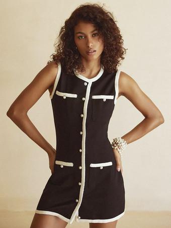 ブラック ニット ドレス ボタン ツートーン ノースリーブ コンバーチブル ビスコース ミニ ドレス