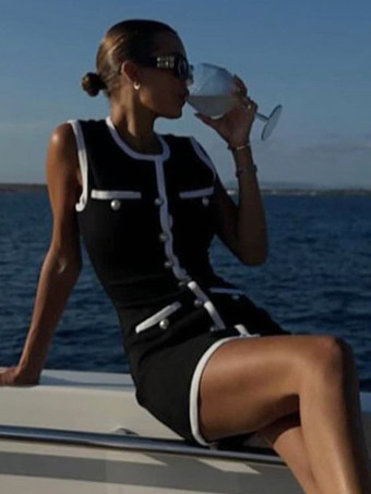 ニット ドレス ボタン ツートーン ノースリーブ コンバーチブル ビスコース ミニ ドレス