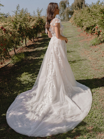 ウェディングドレス コートトレーン Aライン ノースリーブ レース Vネック ブライダルドレス