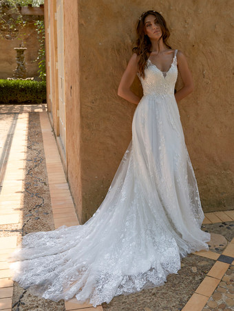 ホワイトボヘミアン ウェディングドレス レース レース Aライン コート トレイン ナチュラル ウエスト バックレス ノースリーブ Vネック アイボリー