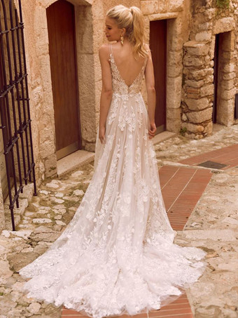 ボヘミアン ウェディングドレス レース レース Aライン コート トレイン ナチュラル ウエスト バックレス ノースリーブ Vネック アイボリー