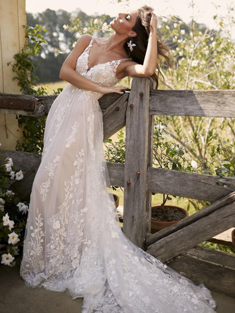 ボヘミアン ウェディングドレス レース レース Aライン コート トレイン ナチュラル ウエスト バックレス ノースリーブ Vネック アイボリー