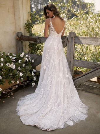 ボヘミアン ウェディングドレス レース レース Aライン コート トレイン ナチュラル ウエスト バックレス ノースリーブ Vネック アイボリー