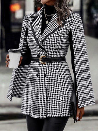 Hahnentritt-Blazer V-Ausschnitt Schärpe Lange Ärmel Business Casual Jacke