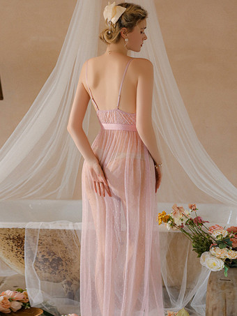 ロングナイトガウン ピンク カジュアル 薄手 ポリエステル 大人用 ランジェリー