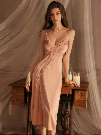 ライトゴールロングナイトガウン レッド ラウンジ シアー レース サテン ファブリック ランジェリー