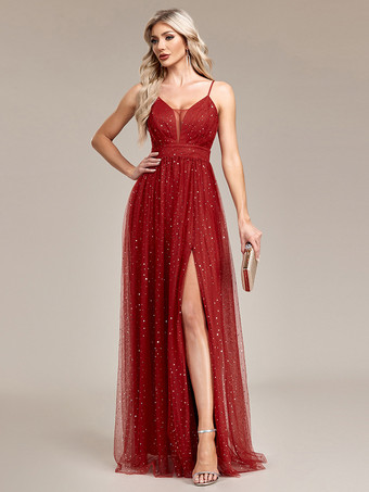 Burgundy V-Neck Dress Sequins Sleeveless Layered Prom Maxi Dresses
