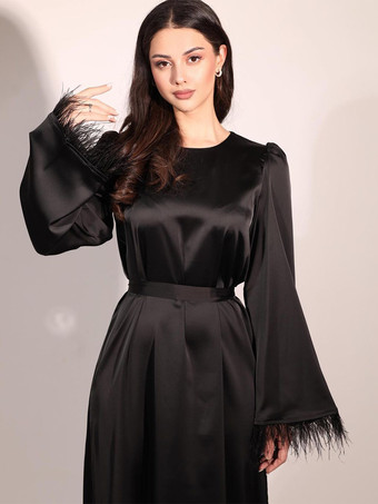 サテン ロング ドレス フェザー スリーブ ベルト付き クラシック パーティー マキシ ドレス