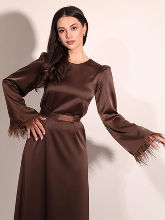 サテン ロング ドレス フェザー スリーブ ベルト付き クラシック パーティー マキシ ドレス