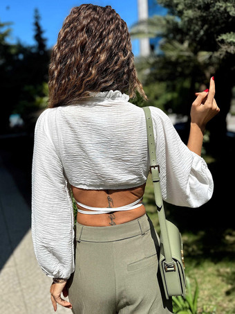 クロップトップ ブラウス レースアップ Vネック 長袖 トップス ソリッドカラー