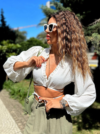 クロップトップ ブラウス レースアップ Vネック 長袖 トップス ソリッドカラー