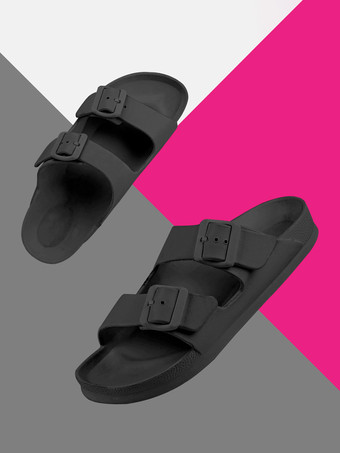Black Women's Slide Sandals Casual Rubber Round Toe Slippers