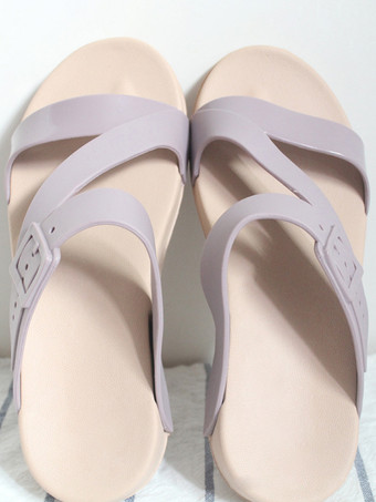 パープル レディース サンダル スリッパ ラウンドトゥ ストラップ付き バックル付き ディテール スライド サンダル