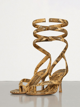 Женские босоножки на каблуке Босоножки на высоком каблуке со змеиным узором и ремешками на мыске