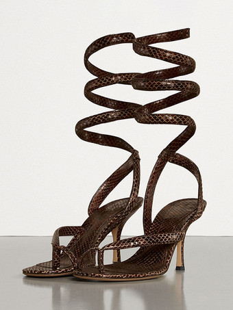 marrón oscuroSandalias de tacón para mujer con tiras en los dedos y tacón alto con diseño de serpiente