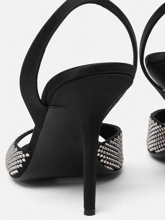 High Heel Sandals Black Open Toe Rhinestones Ankle Strap Prom Party Shoes