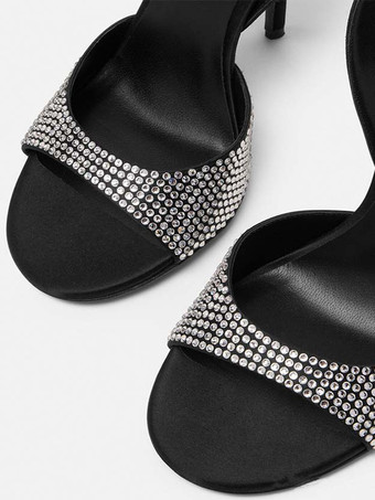 High Heel Sandals Black Open Toe Rhinestones Ankle Strap Prom Party Shoes