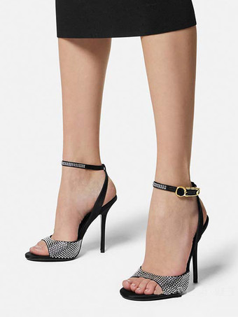 High Heel Sandals Black Open Toe Rhinestones Ankle Strap Prom Party Shoes