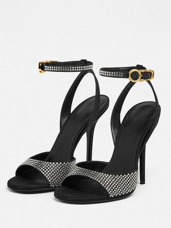 High Heel Sandals Black Open Toe Rhinestones Ankle Strap Prom Party Shoes