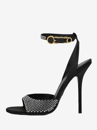 Black High Heel Sandals Black Open Toe Rhinestones Ankle Strap Prom Party Shoes