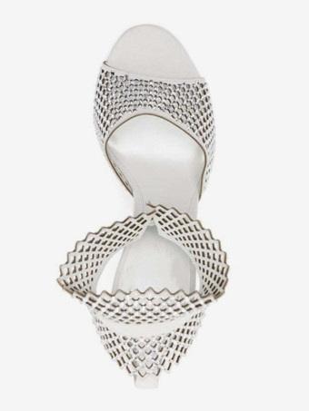 Sandales à talons hauts rose bout découpé strass découpés chaussures de bal bride à la cheville maille