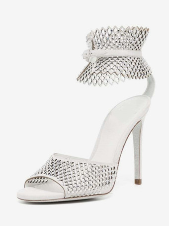 blanc Sandales à talons hauts rose bout découpé strass découpés chaussures de bal bride à la cheville maille