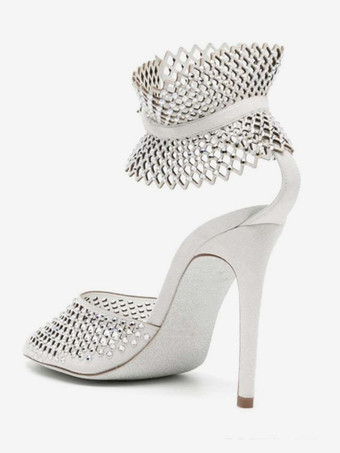 Sandales à talons hauts rose bout découpé strass découpés chaussures de bal bride à la cheville maille