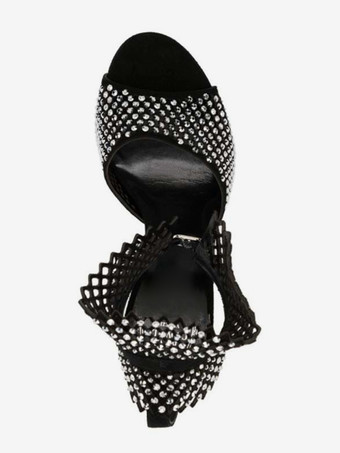 Sandales à talons hauts rose bout découpé strass découpés chaussures de bal bride à la cheville maille