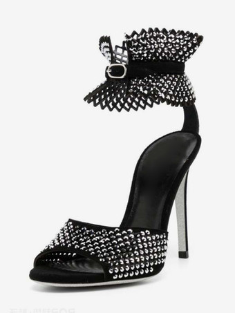 noir Sandales à talons hauts rose bout découpé strass découpés chaussures de bal bride à la cheville maille