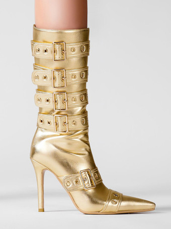 Goldene kniehohe Stiefel mit spitzer Zehenpartie und Schnallendetail. Mittelhohe Stiefel