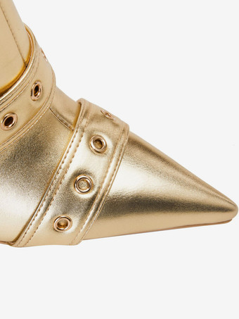 Goldene kniehohe Stiefel mit spitzer Zehenpartie und Schnallendetail. Mittelhohe Stiefel