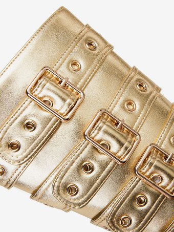 Goldene kniehohe Stiefel mit spitzer Zehenpartie und Schnallendetail. Mittelhohe Stiefel