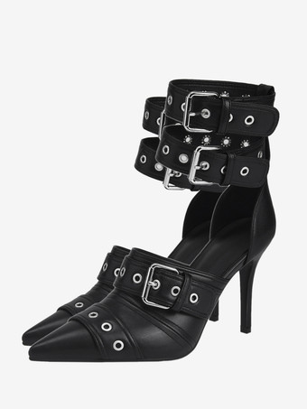 ブラック ブラック ハイヒール ポインテッドトゥ バックル ディテール スティレット ヒール パンプス