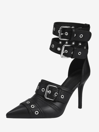 ブラック ハイヒール ポインテッドトゥ バックル ディテール スティレット ヒール パンプス