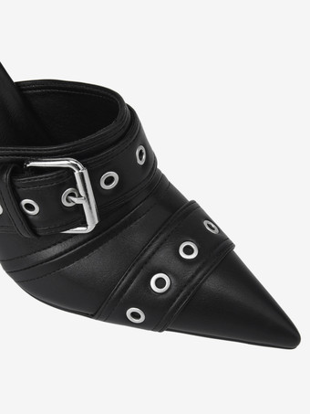 ブラック ハイヒール ポインテッドトゥ バックル ディテール スティレット ヒール パンプス