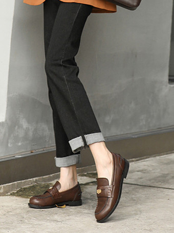 ブラウン スリッポン ローファー レディース ラウンドトゥ デザイン ペニー ローファー