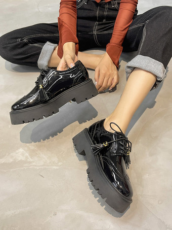 レディース ブラック オックスフォード フラットフォーム ラウンドトゥ レースアップ カジュアル シューズ