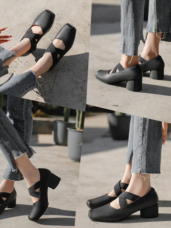 レディース ミッドローヒール パピーヒール PU レザー パンプス