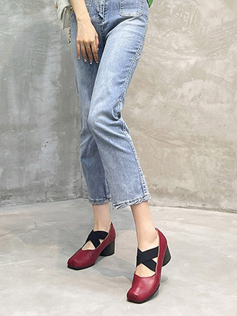 レディース ミッドローヒール パピーヒール PU レザー パンプス