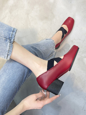 レディース ミッドローヒール パピーヒール PU レザー パンプス