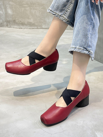 ワインレッド レディース ミッドローヒール パピーヒール PU レザー パンプス